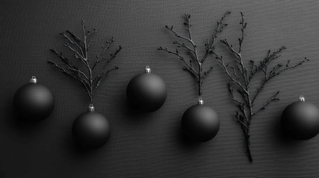 Captivating black Christmas ornaments and delicate branches arranged on a dark background, creating a sophisticated and minimalist holiday aesthetic perfect for winter decor.の素材