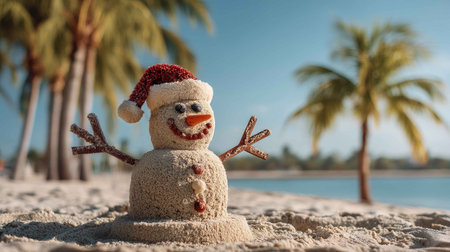 A whimsical sand snowman adorned with a Santa hat sits on a sunlit beach, surrounded by swaying palm trees, capturing a unique blend of summer and holiday cheer.の素材