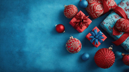 Vibrant arrangement of holiday gifts and ornaments on a rich blue background, perfect for festive themes, seasonal decor, and celebrations.の素材