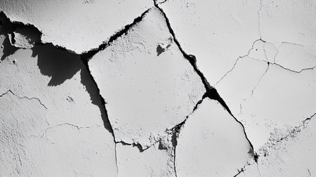 Close-up view of a cracked white wall showcasing unique textures and patterns. This image captures the beauty of decay and imperfection in a monochrome style.の素材