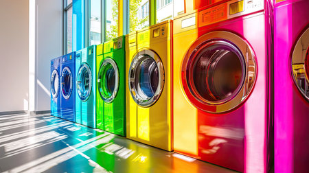 Vibrant washing machines in a modern laundry space create an inviting atmosphere. Bright colors and contemporary design enhance the efficiency of laundry processes.の素材