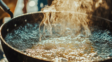 A close-up view of boiling water in a black pot, showcasing rising steam and active bubbles. This image captures the essence of cooking and culinary techniques.の素材