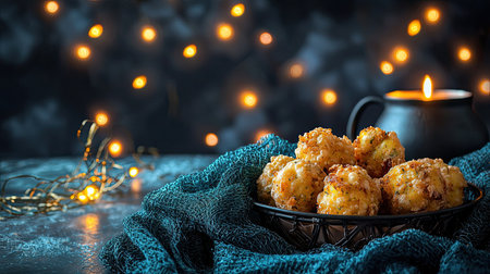 Mouthwatering fried snacks arranged elegantly on a textured table with soft candlelight and glowing background lights, perfect for gatherings and celebrations.の素材