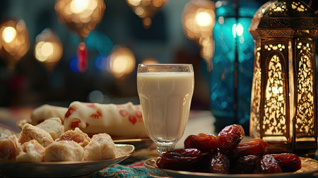 A captivating scene featuring traditional Middle Eastern sweets and a glass of milk on a beautifully adorned table, illuminated by glowing lanterns, celebrating culinary heritage.の素材
