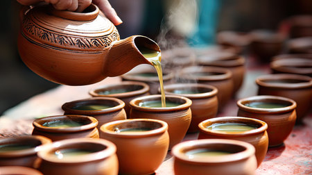 A close-up of a hand pouring hot beverage from a clay pot into traditional pottery cups. The steam rising adds a warm and inviting atmosphere.の素材