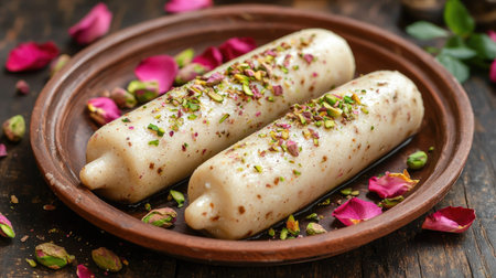 Indulge in a traditional Indian dessert featuring creamy texture, adorned with crushed pistachios and aromatic rose petals, offering a delightful taste experience.の素材