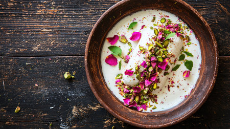 A beautifully arranged traditional dessert featuring creamy texture, topped with rose petals and pistachios, set on a rustic wooden table. Perfect for special occasions.の素材