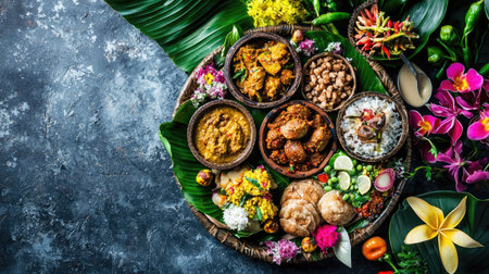 Experience a vibrant traditional meal artfully arranged with fresh, colorful ingredients and garnishes, showcasing culinary richness and cultural heritage.の素材