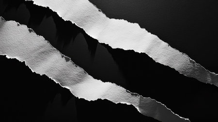 This image showcases strips of torn white paper set against a black background, creating a striking texture and contrast. Ideal for designs focusing on minimalism and abstraction.の素材