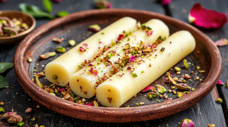 Capture the essence of indulgence with these creamy Indian sweets adorned with pistachios and rose petals, perfect for celebrations and special occasions.の素材