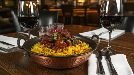 This vibrant dish features succulent chicken curry served on a bed of flavorful yellow rice, elegantly paired with red wine, perfect for any dining experience.の素材