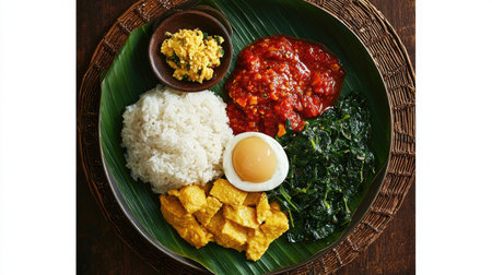 A vibrant and wholesome dish featuring rice, a soft-boiled egg, assorted vegetables, and rich sauces, embodying traditional Asian culinary practices and flavors.の素材