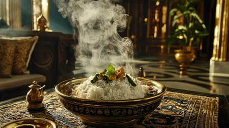 A beautifully arranged bowl of aromatic rice emits steam, surrounded by elegant decor. Ideal for showcasing culinary art in a luxurious setting.の素材
