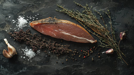 A visually appealing arrangement of sliced meat accompanied by fresh herbs and spices, set on a dark textured surface, perfect for culinary inspiration.の素材