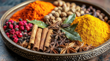 Discover a vibrant collection of exotic spices, including colorful powders and whole seeds, arranged beautifully in a decorative plate, perfect for culinary inspiration.の素材