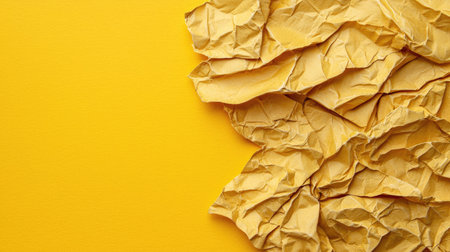 Close-up view of crumpled yellow paper texture against a bright yellow background, creating a vibrant and cheerful composition, perfect for creative projects and designs.の素材
