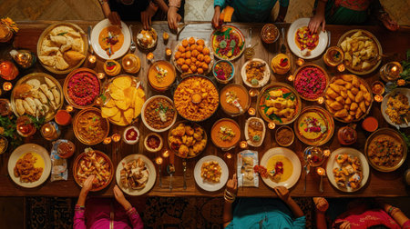 A vibrant table filled with an array of delightful dishes, showcasing a colorful and festive dining experience perfect for celebrations and gatherings.の素材