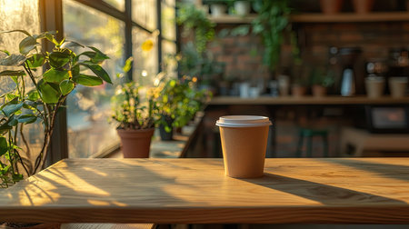 A serene coffee shop scene featuring a paper cup on a wooden table, surrounded by lush plants and warm sunlight, inviting relaxation and comfort.の素材