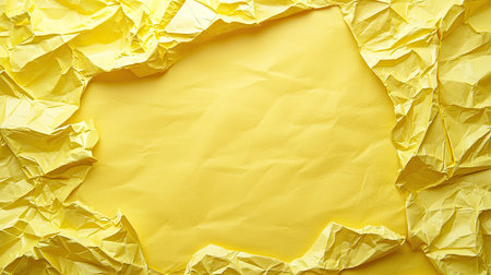 This image features a vibrant crumpled yellow paper texture with an empty center area, ideal for design projects, backgrounds, or creative layouts.の素材