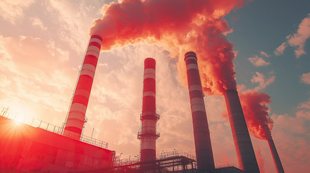 A striking view of an industrial power plant silhouetted against a vibrant sunset sky, showcasing smoke stacks releasing emissions in an urban landscape.の素材