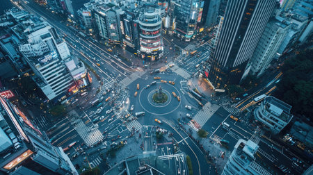 Stunning aerial view of a bustling city intersection at night, showcasing vibrant lights, moving traffic, and urban architecture. A dynamic urban scene.の素材