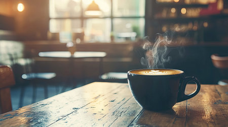 A steaming cup of coffee rests on a rustic wooden table in a cozy cafe, inviting warmth, comfort, and relaxation in a stylish morning atmosphere.の素材