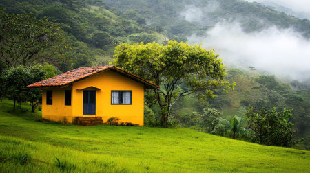 A charming yellow house sits nestled in green mountains, surrounded by lush foliage and enveloped in soft fog, creating a serene countryside escape.の素材