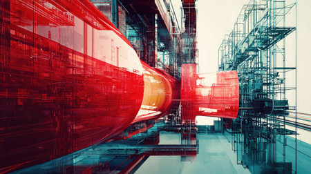 A stunning abstract image showcasing a vibrant red structure intertwined with modern industrial elements, emphasizing shapes and lines in a dynamic composition.の素材