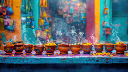 A row of colorful clay pots filled with flowers and incense emits fragrant smoke against a vibrant market backdrop, celebrating culture and tradition.の素材