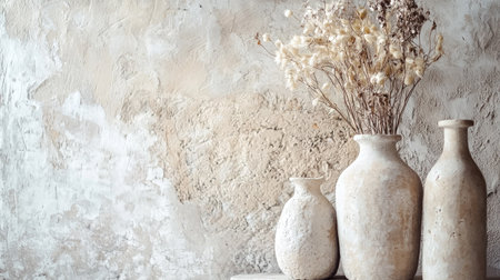 This elegant still life features minimalist vases with dried flowers against a textured wall, creating a serene atmosphere suitable for interior design inspiration.の素材