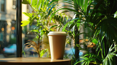 A warm coffee cup sits on a wooden table amidst lush green plants, showcasing a tranquil moment in a bright cafe. Perfect for evoking relaxation and comfort.の素材
