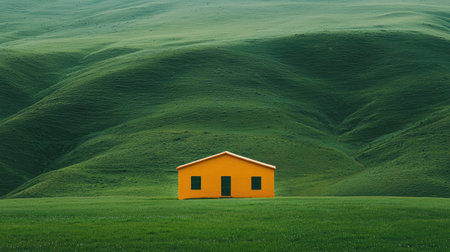 A striking yellow house stands alone amid lush green rolling hills, creating a beautiful contrast in this serene countryside landscape, perfect for travel and nature themes.の素材