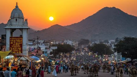 Experience the vibrant atmosphere of an Indian market at sunset, with bustling crowds, camels, and picturesque mountains creating a magical scene.の素材