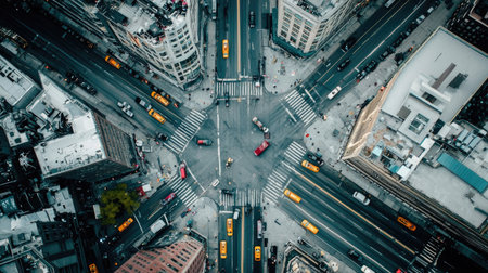 Captivating aerial view of a bustling city intersection filled with yellow taxis and various vehicles, showcasing urban life and dynamic traffic flow.の素材