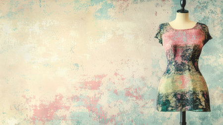 A stylish dress form displays an elegant fashion piece against a vibrant backdrop, showcasing creative design and artistic textile patterns in a chic setting.の素材