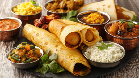 A tantalizing assortment of South Indian dishes arranged beautifully on a platter. Experience the rich flavors and vibrant colors of this traditional meal.の素材