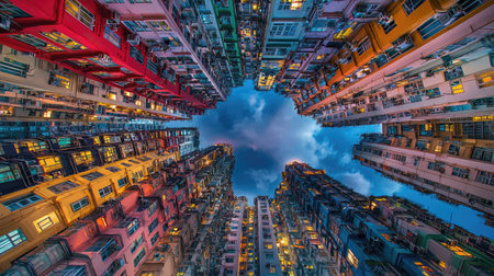 Breathtaking view of colorful buildings in Hong Kong captured at twilight. Urban architecture showcases vibrant life and unique perspective against a cloudy sky.の素材
