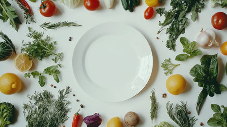 A vibrant arrangement of fresh vegetables and herbs encircles an empty white plate, perfect for showcasing healthy cooking and meal preparation.の素材