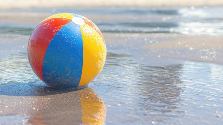 A vibrant beach ball rests on wet sand, reflecting sunlight and showcasing bright colors. Perfect summer accessory for outdoor fun, games, and beach activities.の素材