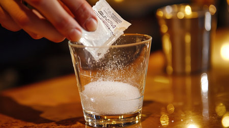 A hand is pouring a sugar packet into a glass on a bar counter, preparing for a beverage mix. The scene emphasizes ingredient use and drink preparation.の素材