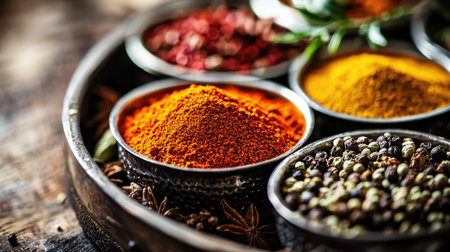 Discover an inviting collection of dried spices displayed in metallic bowls on a rustic wooden tray. Perfect for culinary inspiration.の素材