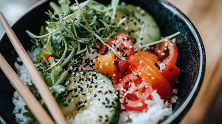 A visually appealing bowl of fresh vegetables atop rice, garnished with sesame seeds and herbs, perfect for a healthy meal or vibrant food photography.の素材