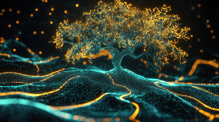 A mesmerizing glowing tree stands proudly amidst shimmering light waves in a surreal digital landscape, creating a tranquil and imaginative nighttime ambiance.の素材