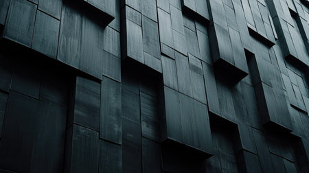 An abstract dark textured wall featuring geometric blocks that create a striking visual with contrasting shadows and depth, ideal for modern design themes.の素材