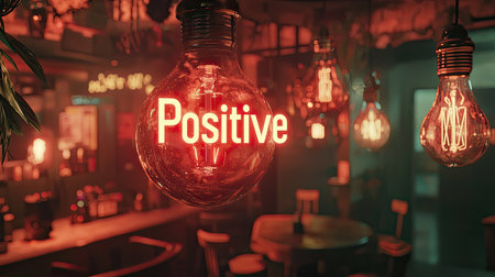 A vibrant bar scene featuring a glowing "Positive" sign, creating a warm and inviting atmosphere perfect for relaxation and social gatherings.の素材