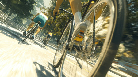 A dynamic shot of cyclists racing on a scenic path under bright sunlight, capturing the energy and excitement of outdoor cycling in a beautiful natural setting.の素材