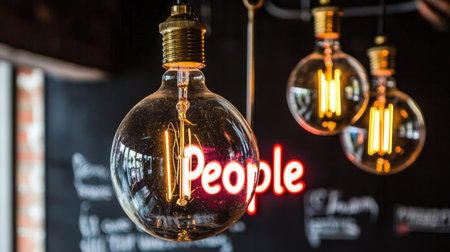 This image features vintage light bulbs casting a warm glow in a cozy urban cafの素材