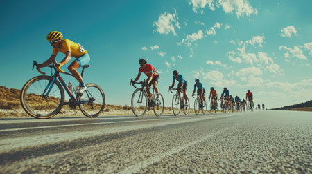 A dynamic scene capturing competitive cyclists racing vigorously on an open road under a bright blue sky. The athletes display determination and teamwork in motion.の素材
