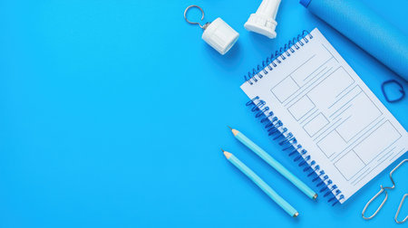 A vibrant blue workspace featuring a notepad, pencils, and office supplies, perfect for planning and creativity. Ideal for educational or artistic projects.の素材
