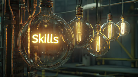 A visually striking image featuring illuminated light bulbs with the word "Skills" highlighted, symbolizing creativity, knowledge, and professional growth in a modern workspace.の素材